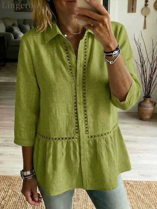 Casual Patchwork Openwork Webbing Linen And Cotton Shirt - Olive / S