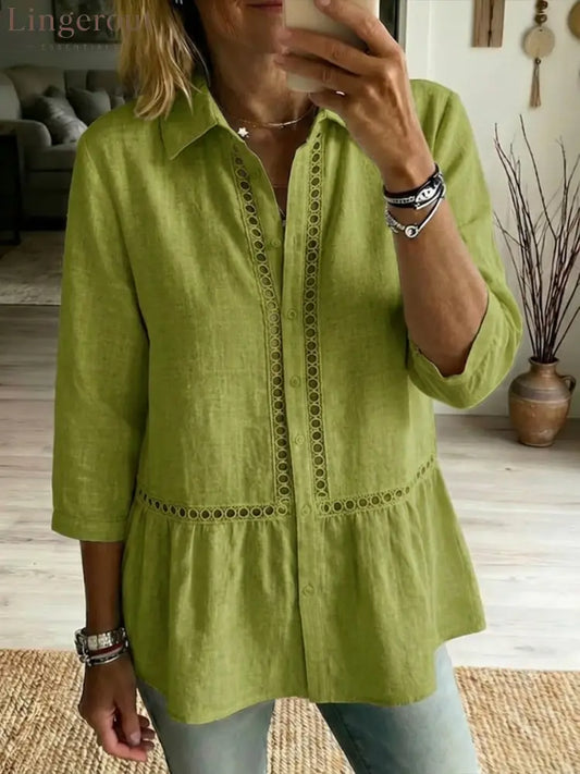 Casual Patchwork Openwork Webbing Linen And Cotton Shirt - Olive / S