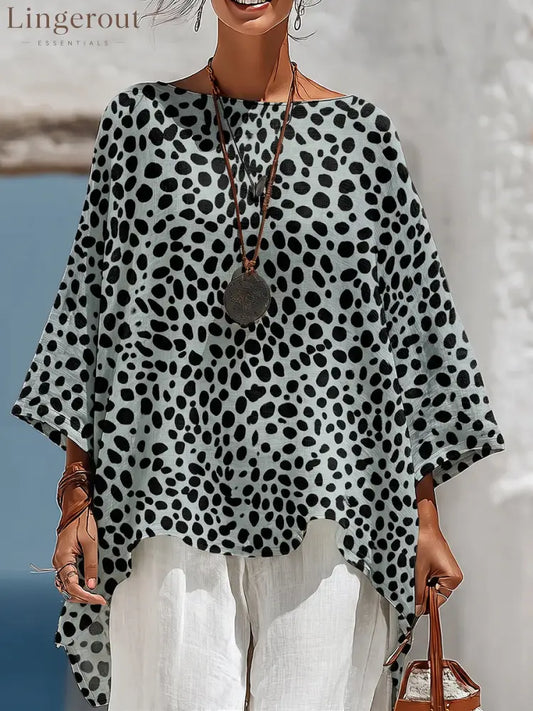 Casual Polka-dot Print Cotton-linen Shirt - Blue / S