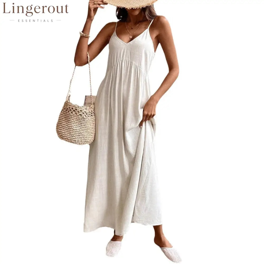 Casual Relaxed Fit Sleeveless Linen Midi Maxi Dress - Apricot / S
