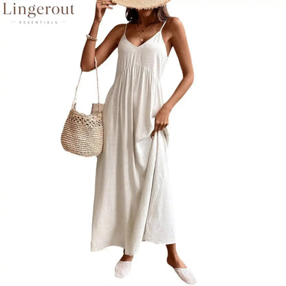 Casual Relaxed Fit Sleeveless Linen Midi Maxi Dress - Apricot / S