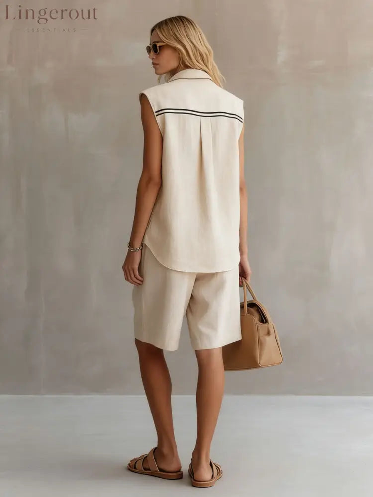 Casual Retro Apricot Cotton Linen Sleeveless Striped Shirt And Shorts Set