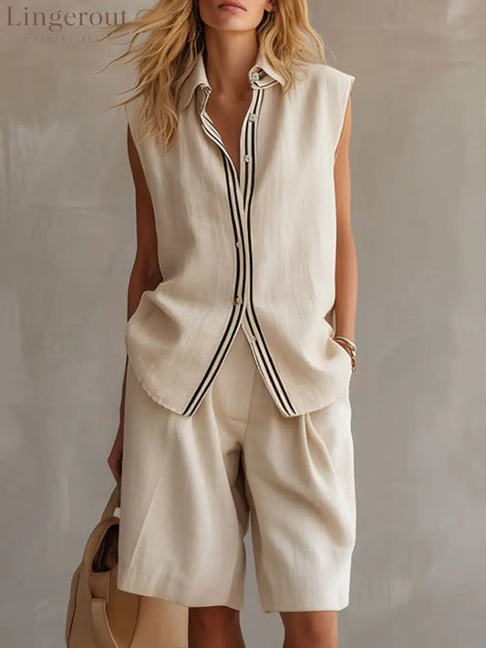 Casual Retro Apricot Cotton Linen Sleeveless Striped Shirt And Shorts Set - Apricot / XS