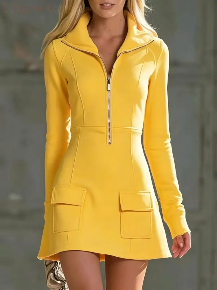 Casual Retro Pink Collared Half-zip Long-sleeved Cotton Mini Dress - Yellow / S - Mini Dresses