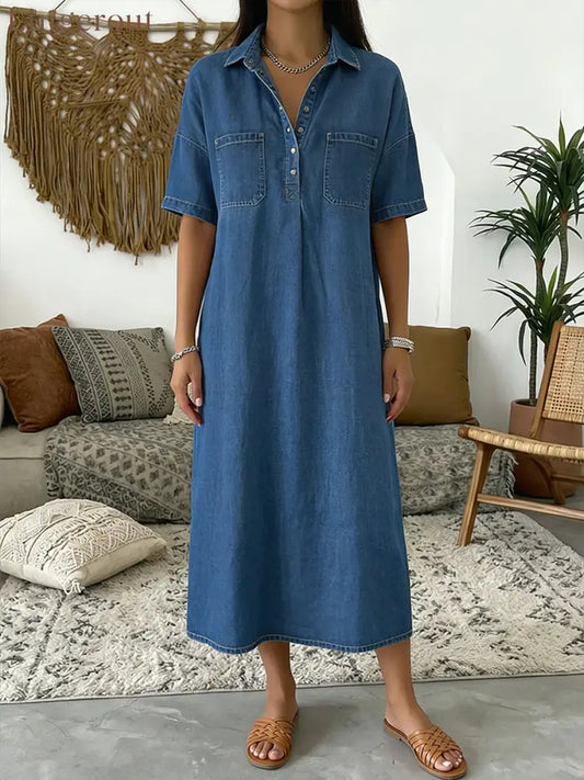 Casual Short-sleeved Polo Collar Denim Dress - Blue / S