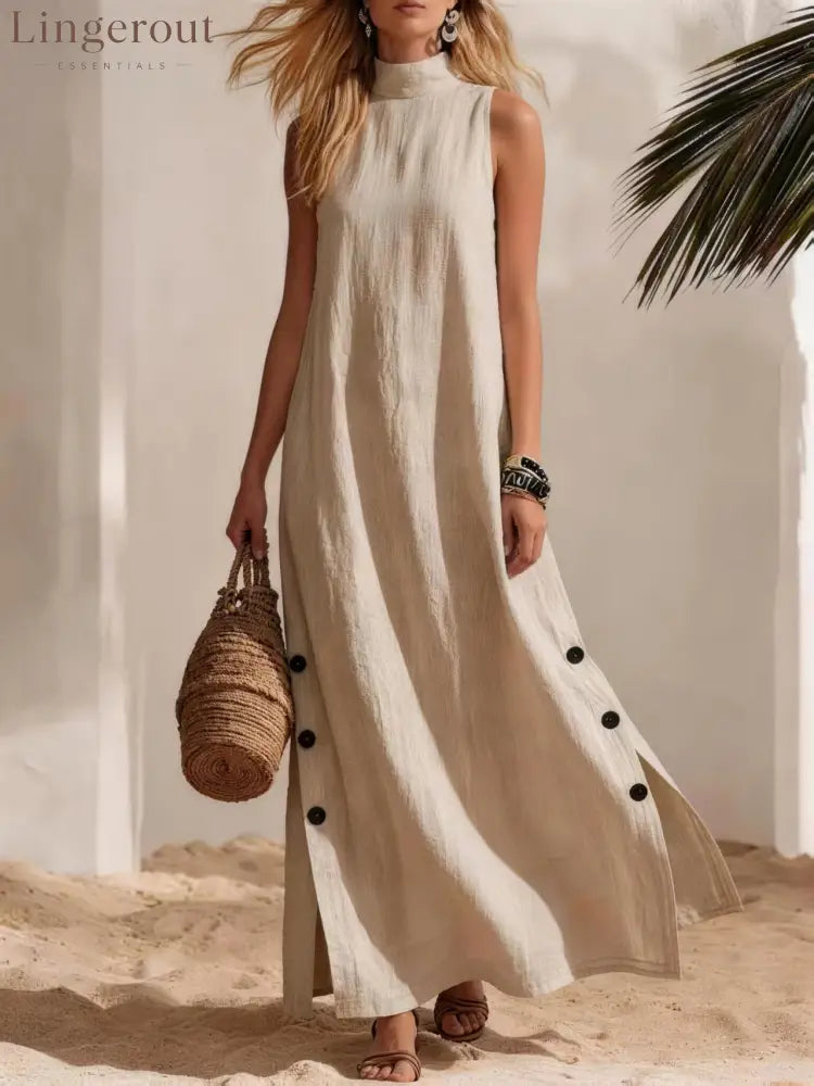 Casual Solid Color Cotton And Linen Sleeveless Side Slit Maxi Dress - Apricot / S - Dresses