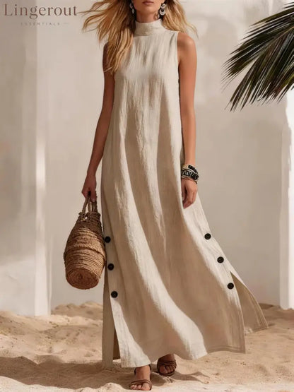 Casual Solid Color Cotton And Linen Sleeveless Side Slit Maxi Dress - Apricot / S - Dresses