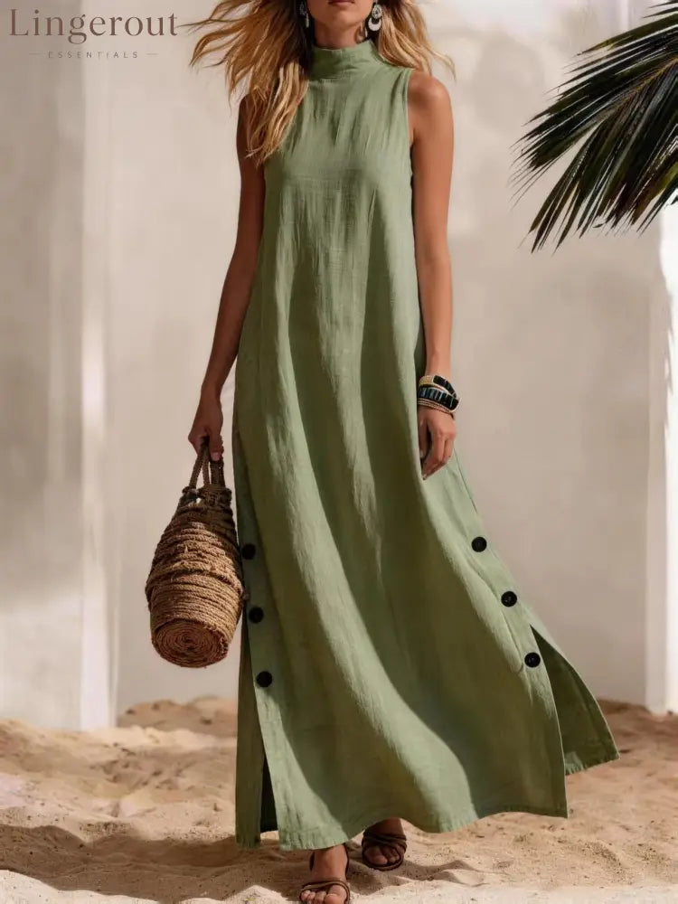 Casual Solid Color Cotton And Linen Sleeveless Side Slit Maxi Dress - Army green / S - Dresses