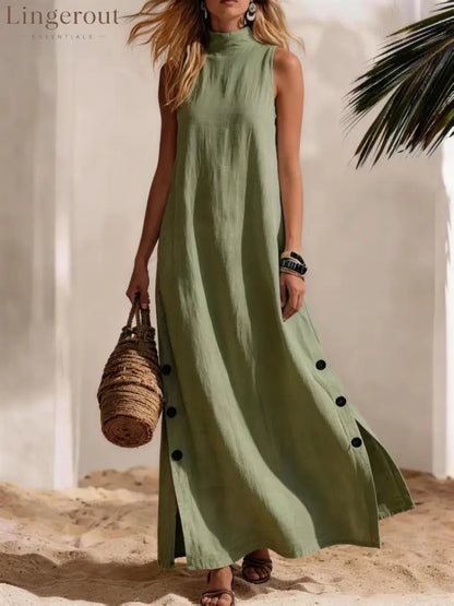 Casual Solid Color Cotton And Linen Sleeveless Side Slit Maxi Dress - Army green / S - Dresses