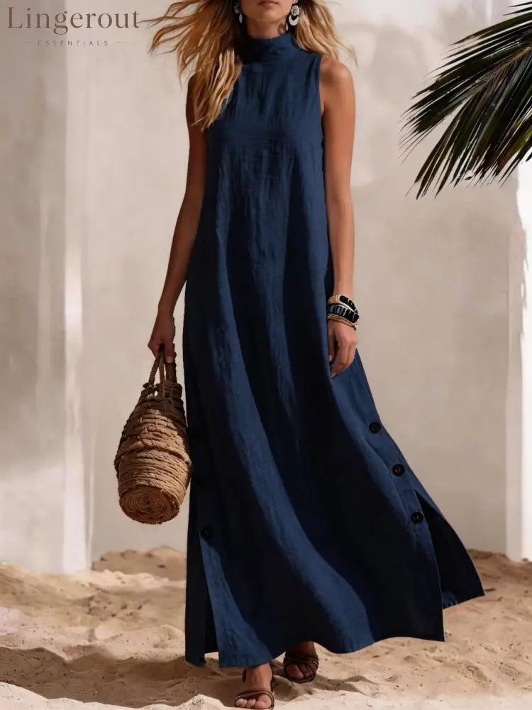 Casual Solid Color Cotton And Linen Sleeveless Side Slit Maxi Dress - Navy blue / S - Dresses