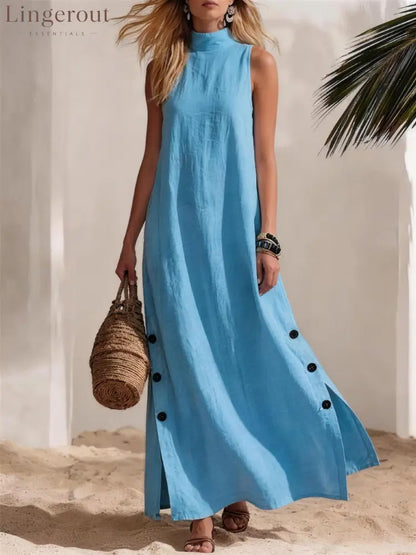 Casual Solid Color Cotton And Linen Sleeveless Side Slit Maxi Dress - Sky blue / S - Dresses