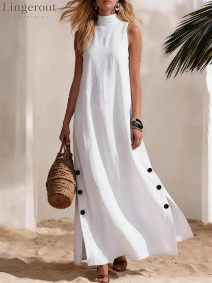 Casual Solid Color Cotton And Linen Sleeveless Side Slit Maxi Dress - White / S - Dresses