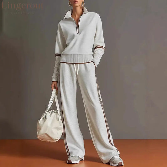Casual Sports Suit Contrasting Color Stand-Up Collar Sweatshirt Wide-Leg Pants Suit