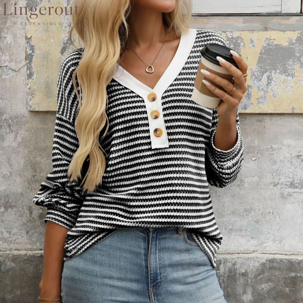 European And American Cross-Border Amazon Tk2025 New Women’S V-Neck Button Pullover Splicing Casual Long-Sleeved