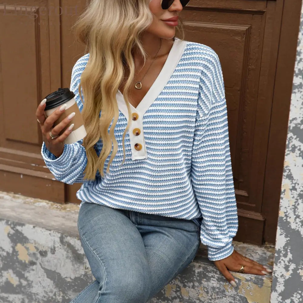 European And American Cross-Border Amazon Tk2025 New Women’S V-Neck Button Pullover Splicing Casual Long-Sleeved