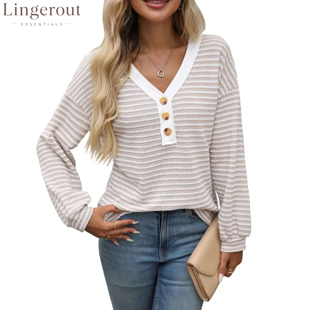 European And American Cross-Border Amazon Tk2025 New Women’S V-Neck Button Pullover Splicing Casual Long-Sleeved