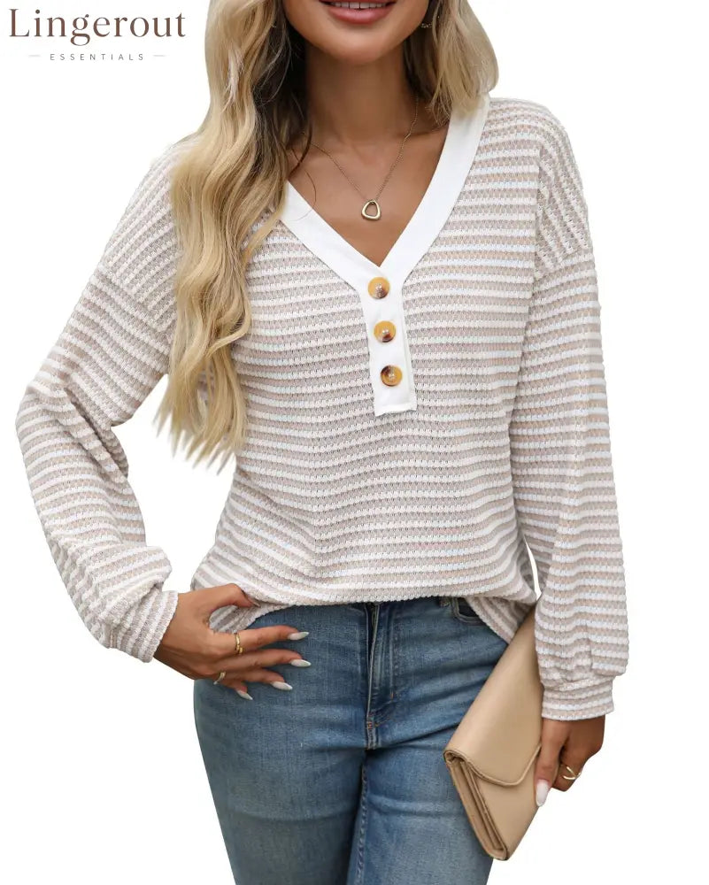 European And American Cross-Border Amazon Tk2025 New Women’S V-Neck Button Pullover Splicing Casual Long-Sleeved