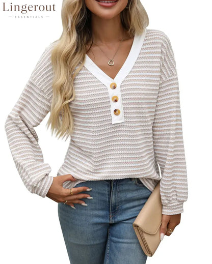 European And American Cross-Border Amazon Tk2025 New Women’S V-Neck Button Pullover Splicing Casual Long-Sleeved