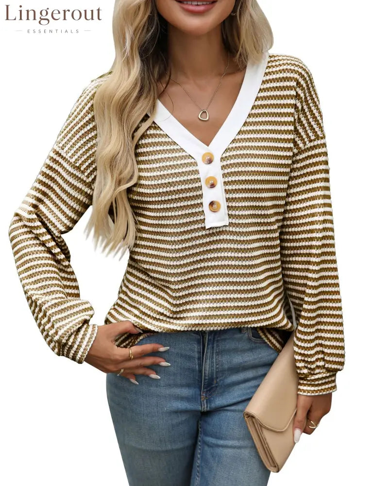 European And American Cross-Border Amazon Tk2025 New Women’S V-Neck Button Pullover Splicing Casual Long-Sleeved