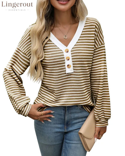 European And American Cross-Border Amazon Tk2025 New Women’S V-Neck Button Pullover Splicing Casual Long-Sleeved