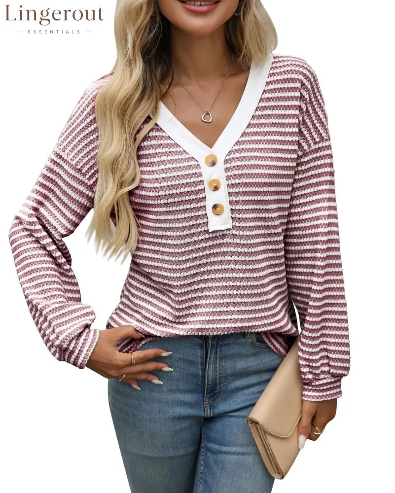 European And American Cross-Border Amazon Tk2025 New Women’S V-Neck Button Pullover Splicing Casual Long-Sleeved