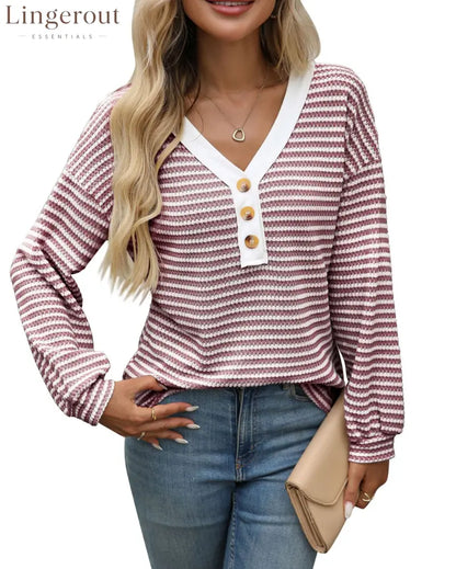 European And American Cross-Border Amazon Tk2025 New Women’S V-Neck Button Pullover Splicing Casual Long-Sleeved