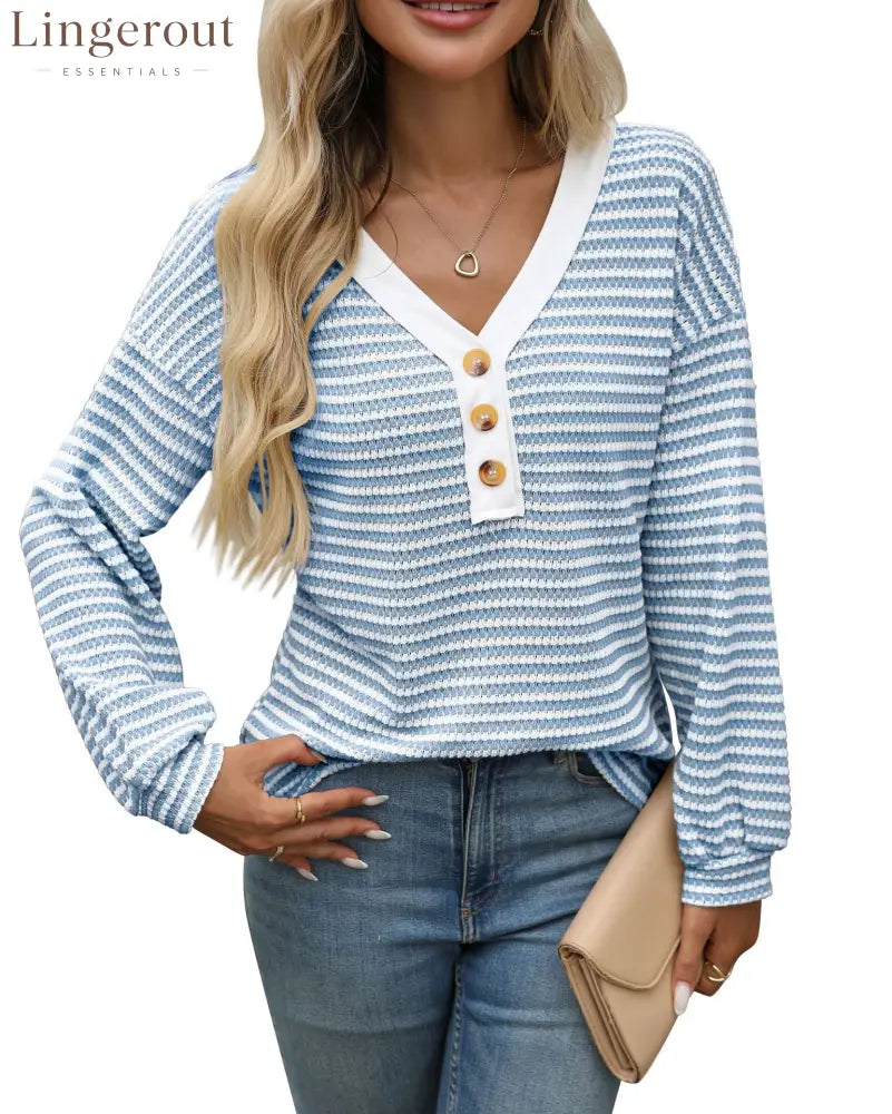 European And American Cross-Border Amazon Tk2025 New Women’S V-Neck Button Pullover Splicing Casual Long-Sleeved