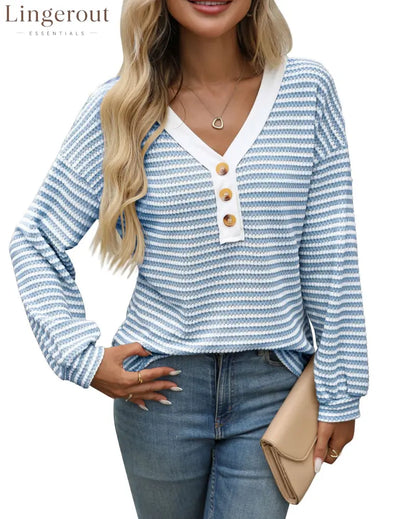 European And American Cross-Border Amazon Tk2025 New Women’S V-Neck Button Pullover Splicing Casual Long-Sleeved