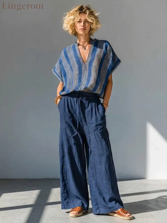 Casual Striped Linen And Cotton Two-piece Top And Pants Set - Multicolor / S