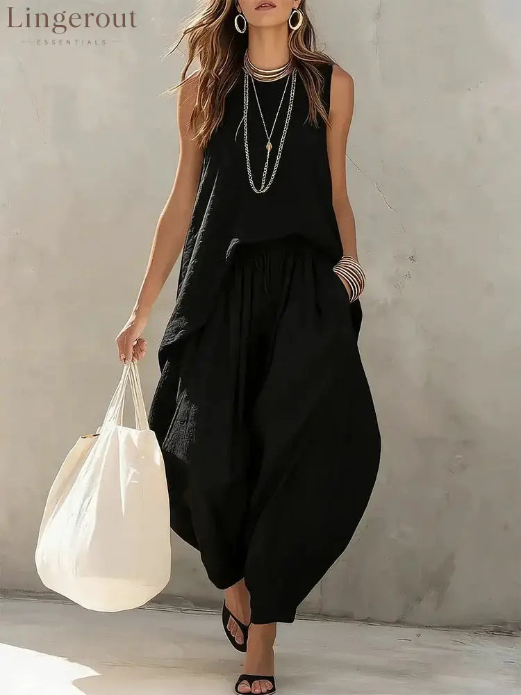 Casual Tank & Harem Pants Matching Set - Black / S