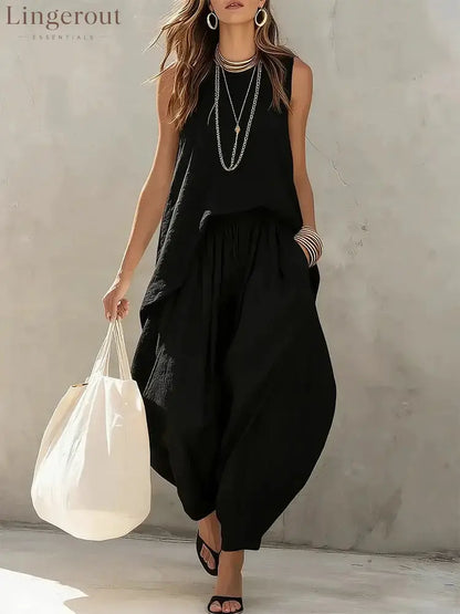 Casual Tank & Harem Pants Matching Set - Black / S