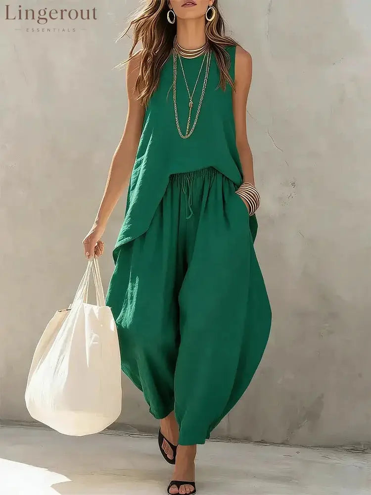 Casual Tank & Harem Pants Matching Set - Green / S