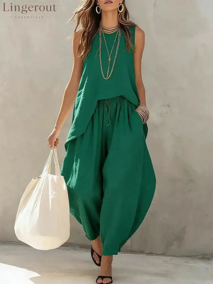 Casual Tank & Harem Pants Matching Set - Green / S