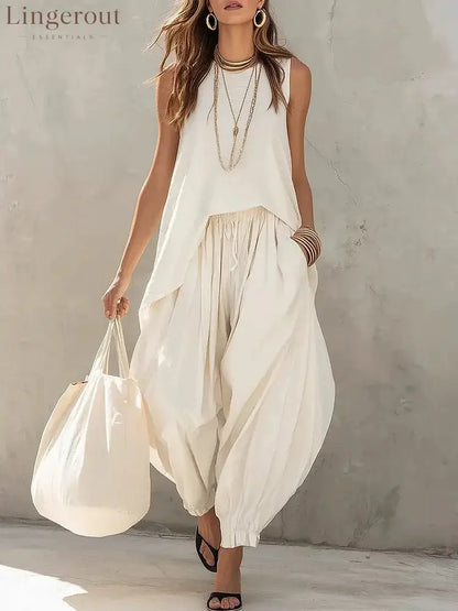 Casual Tank & Harem Pants Matching Set - White / S