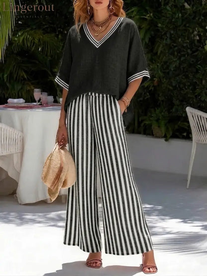 Casual Two-piece Set: Striped Linen & Cotton Patchwork Top And Striped Trousers - Black / S