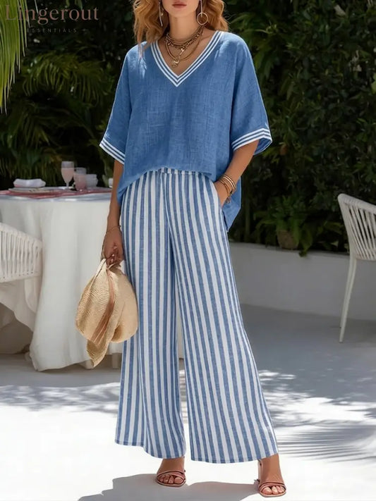Casual Two-piece Set: Striped Linen & Cotton Patchwork Top And Striped Trousers - Blue / S