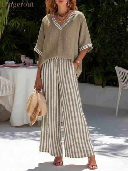 Casual Two-piece Set: Striped Linen & Cotton Patchwork Top And Striped Trousers - Khaki / S