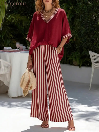 Casual Two-piece Set: Striped Linen & Cotton Patchwork Top And Striped Trousers - Red / S