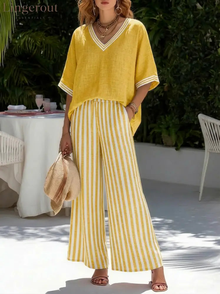 Casual Two-piece Set: Striped Linen & Cotton Patchwork Top And Striped Trousers - Yellow / S