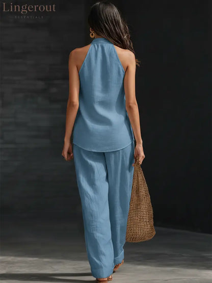 Casual Urban Style White Linen V-neck Sleeveless Top And Wide Leg Pants Set