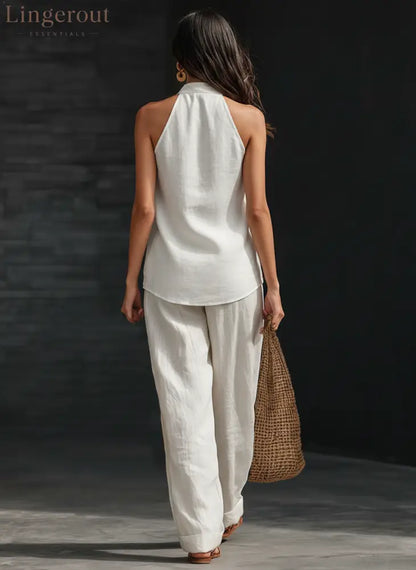 Casual Urban Style White Linen V-neck Sleeveless Top And Wide Leg Pants Set