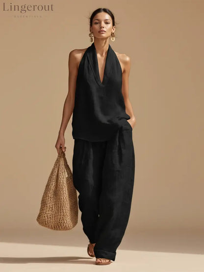 Casual Urban Style White Linen V-neck Sleeveless Top And Wide Leg Pants Set