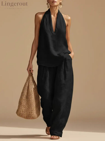Casual Urban Style White Linen V-neck Sleeveless Top And Wide Leg Pants Set - Black / S