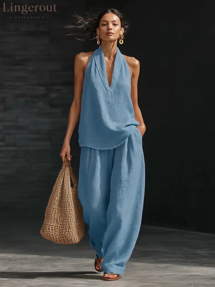 Casual Urban Style White Linen V-neck Sleeveless Top And Wide Leg Pants Set - Blue / 3XL