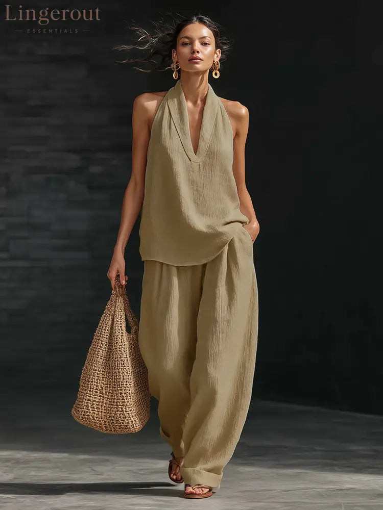 Casual Urban Style White Linen V-neck Sleeveless Top And Wide Leg Pants Set - Brown / 3XL