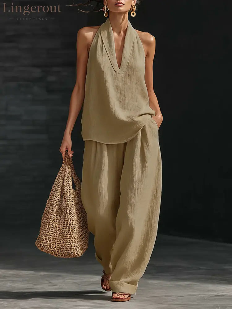 Casual Urban Style White Linen V-neck Sleeveless Top And Wide Leg Pants Set - Brown / S