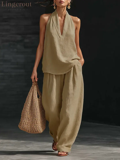 Casual Urban Style White Linen V-neck Sleeveless Top And Wide Leg Pants Set - Brown / S