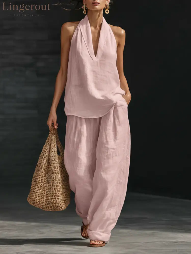 Casual Urban Style White Linen V-neck Sleeveless Top And Wide Leg Pants Set - Pink / S