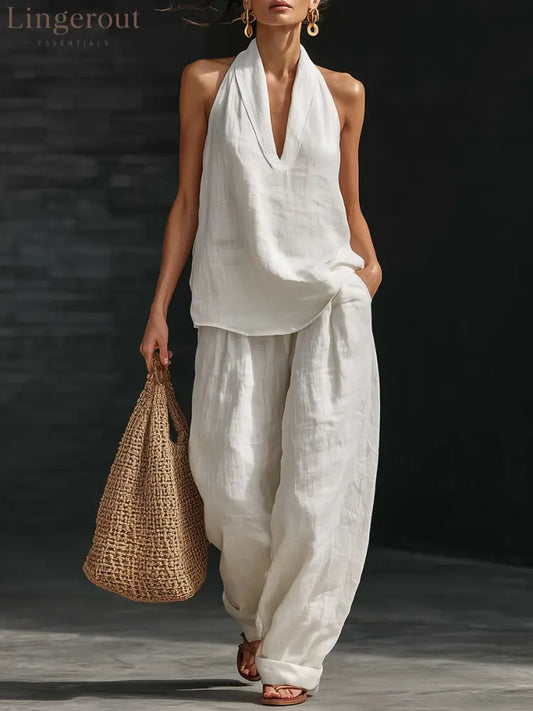 Casual Urban Style White Linen V-neck Sleeveless Top And Wide Leg Pants Set - White / S