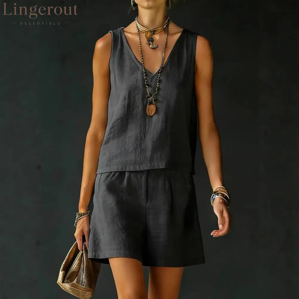 Casual V-Neck Sleeveless Top & Shorts Set